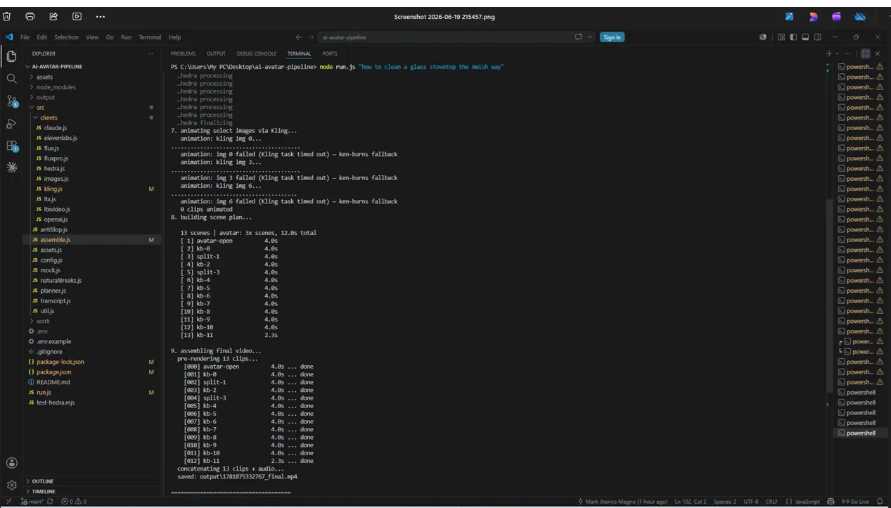 Pipeline terminal output showing DONE: final.mp4