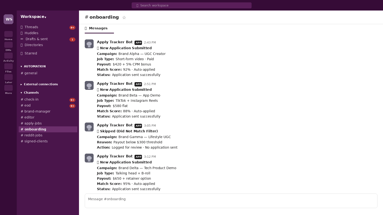 Slack channel showing structured auto-apply summaries from the bot